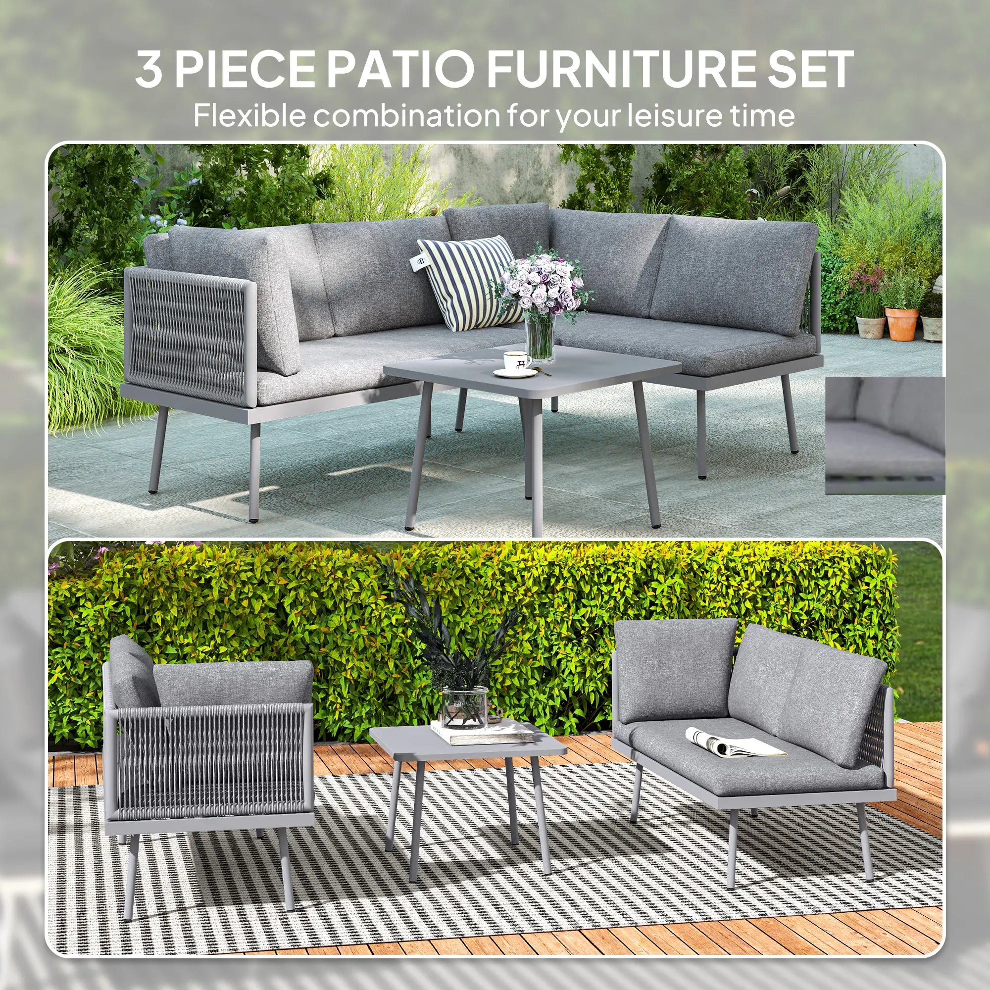 3 Pc Outdoor Furniture Set, L Shaped Wicker, Steel Table, Grey Patio Furniture Sets at Gallery Canada