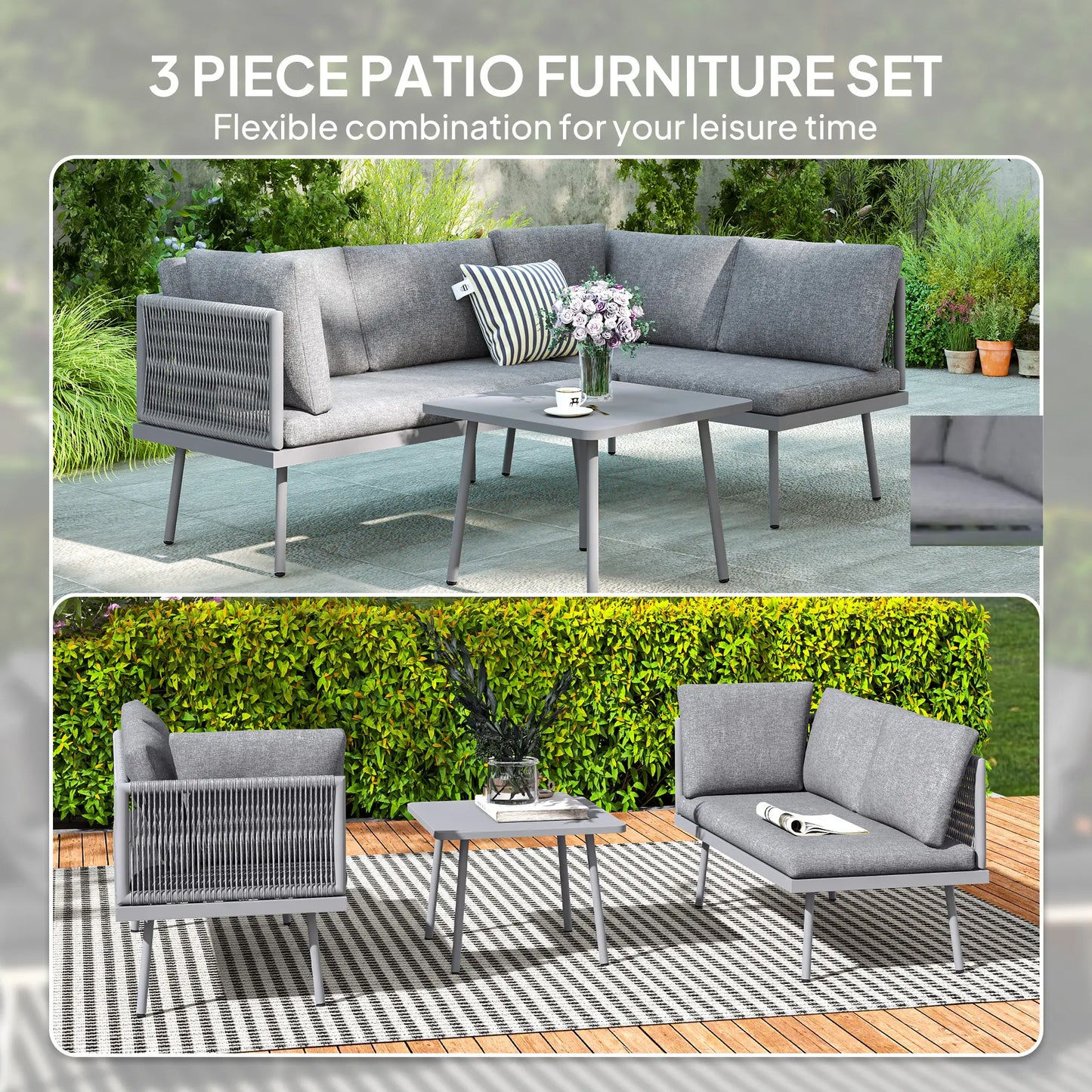 3 Pc Outdoor Furniture Set, L Shaped Wicker, Steel Table, Grey Patio Furniture Sets at Gallery Canada