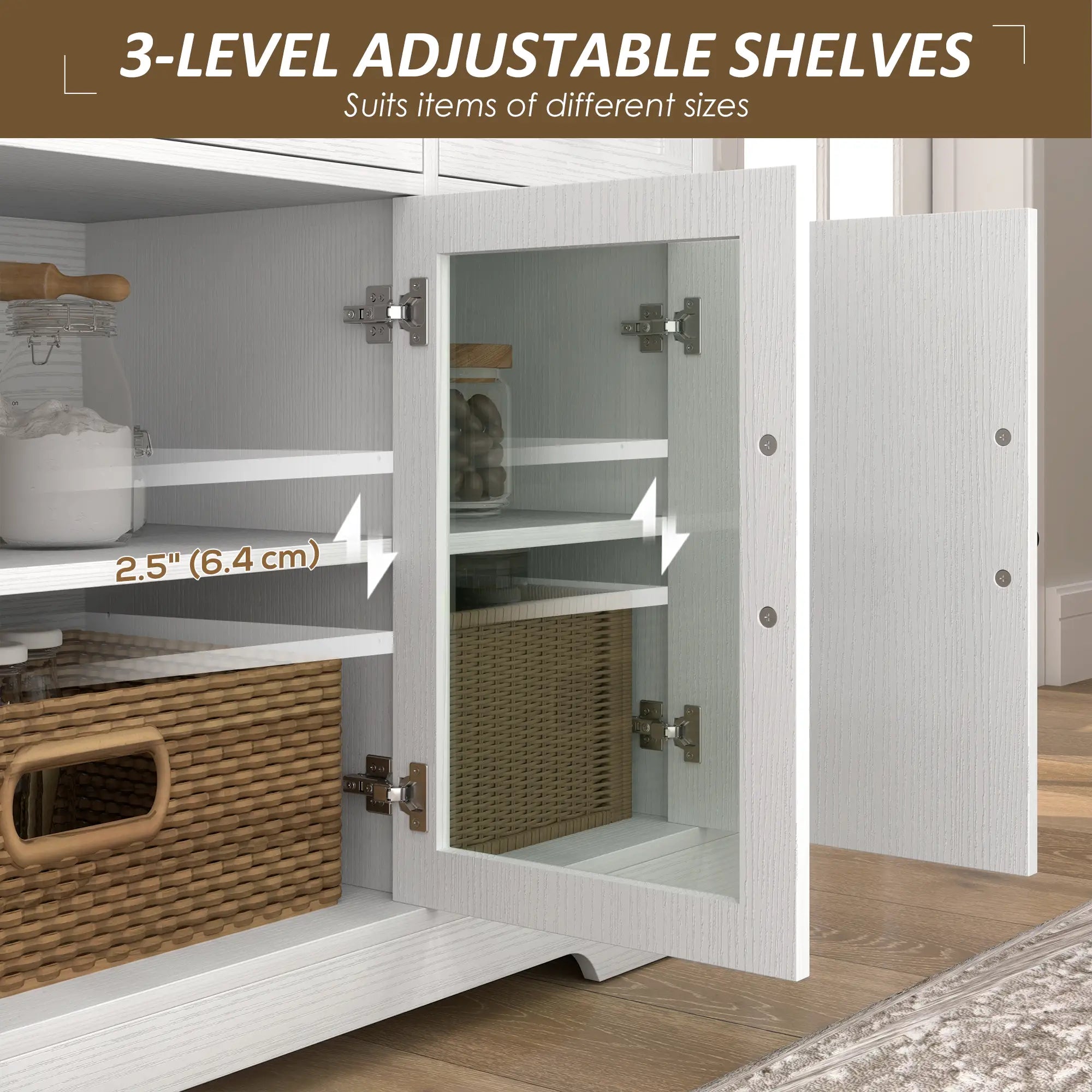 Sideboard Buffet Cabinet, Coffee Bar with Glass Doors, Adjustable Shelves, Distressed White, White Bar Cabinets at Gallery Canada