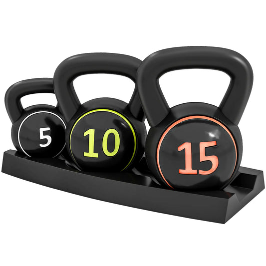 Three-Piece Kettlebell Set, 5lbs, 10lbs, 15lbs, with Stand Strength Training Equipment Black at Gallery Canada