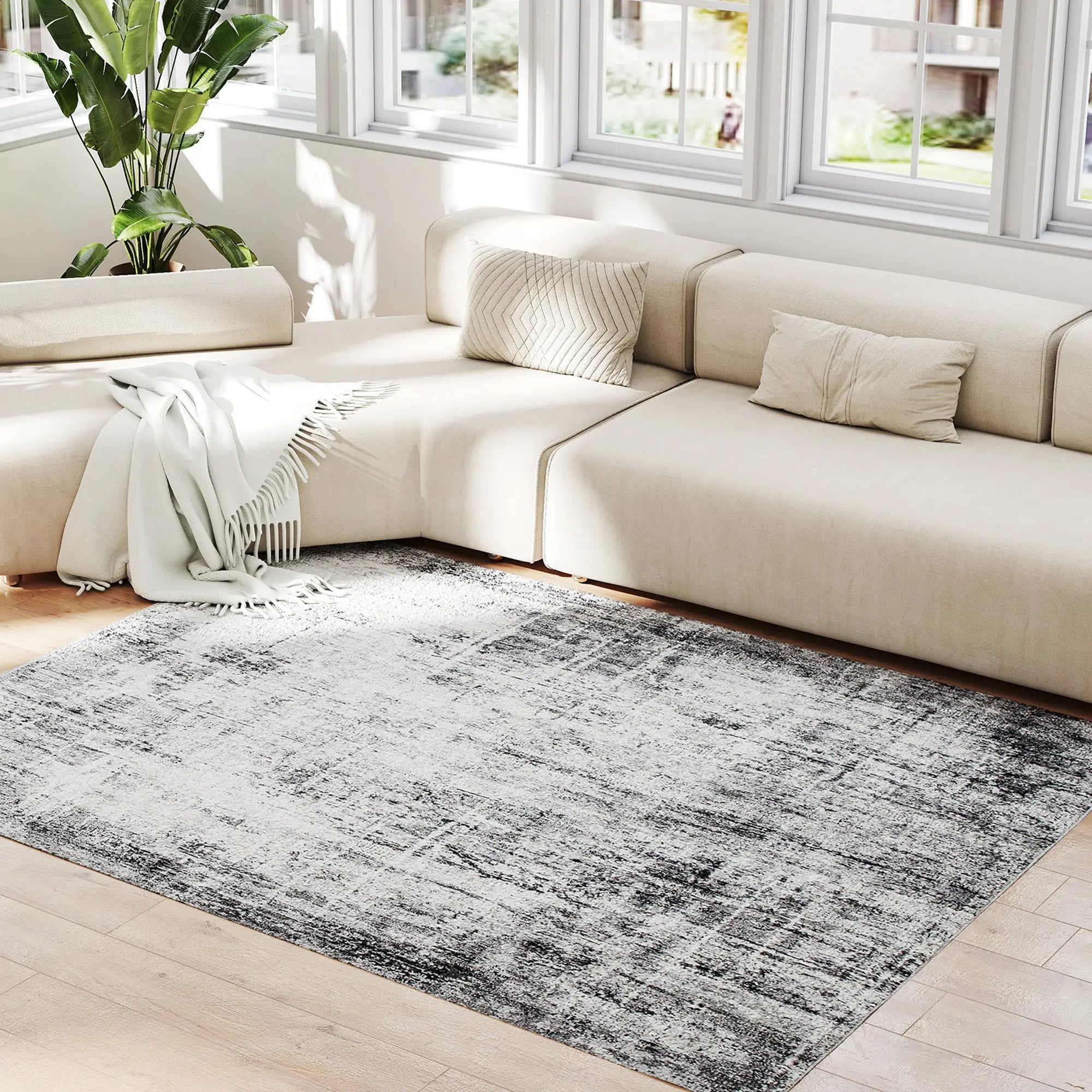 Modern Abstract Area Rug 5x7, Machine Washable, Non-Slip, Grey Living Room Furniture at Gallery Canada
