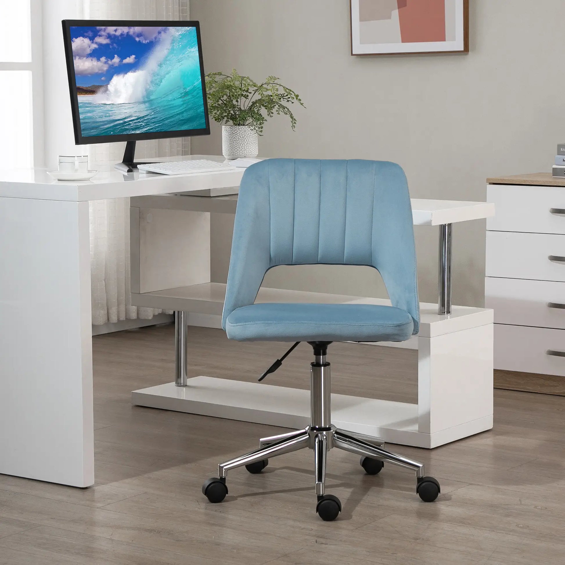 Mid Back Office Chair, Velvet Fabric, Swivel, Scallop Shape, Sky Blue Office Chairs at Gallery Canada