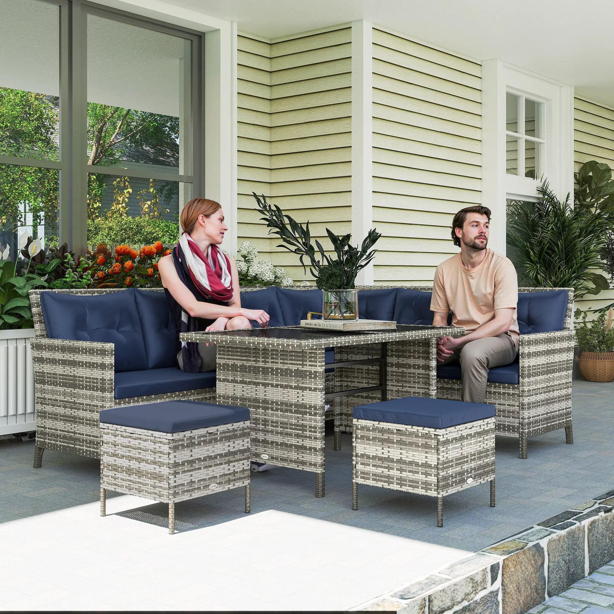 6pcs Outdoor Rattan Sofa Set, Wicker Sectional Couch, Dining Table, Sky Blue Patio Furniture Sets at Gallery Canada