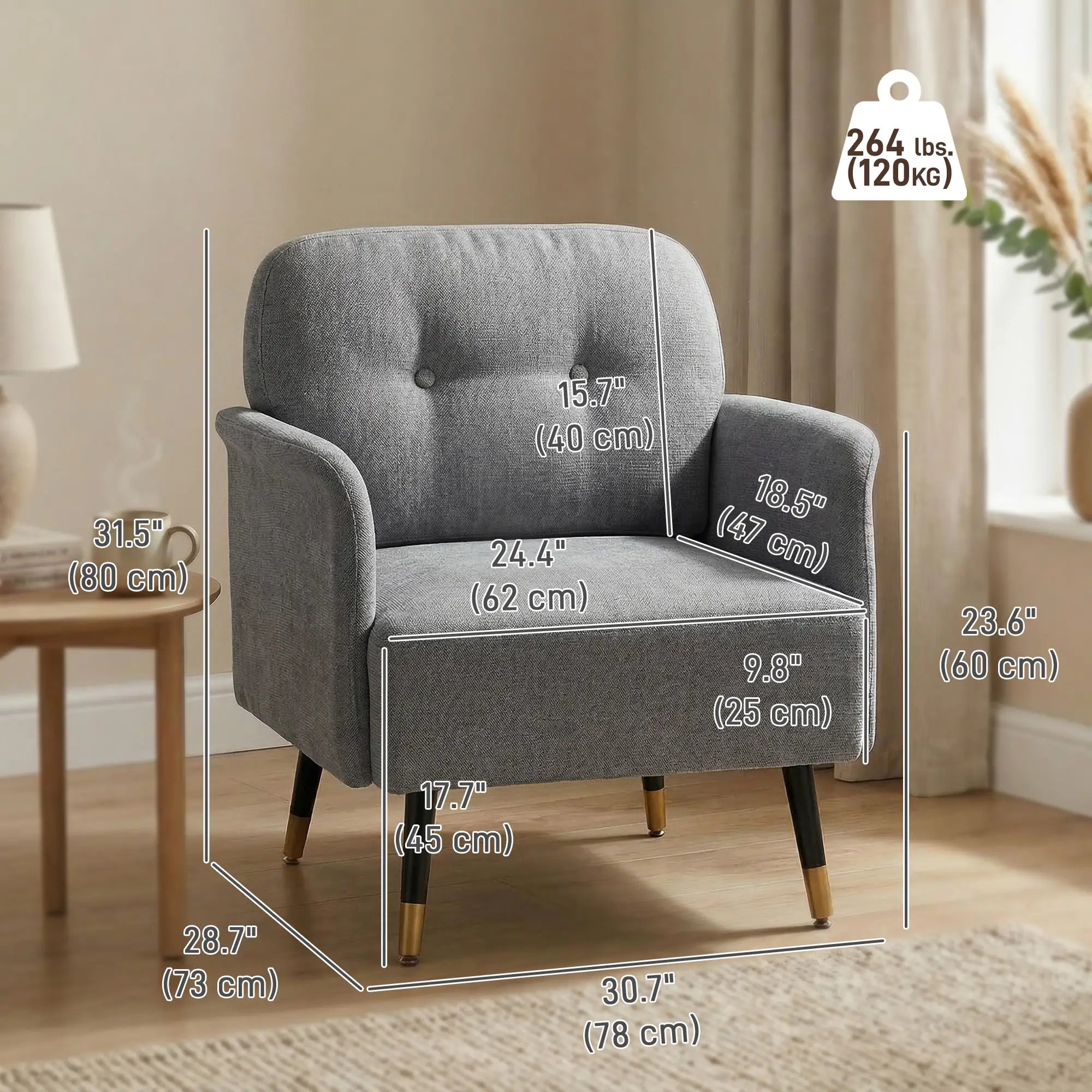 Modern Tufted Accent Chair, Metal Legs, Upholstered Reading Armchair, Grey Accent Chairs at Gallery Canada