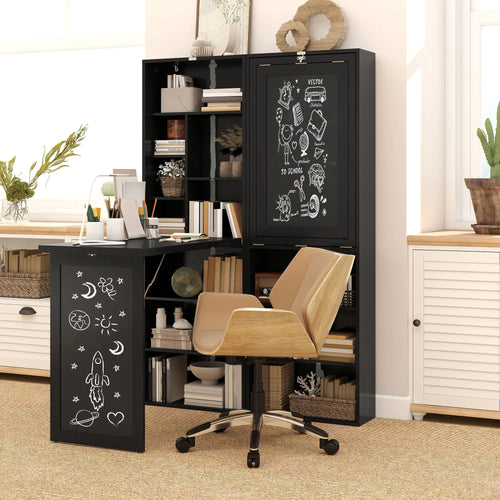 Fold-Out Convertible Office Desk, Wall Mount Computer Desk, Blackboard, Side Shelf, Black