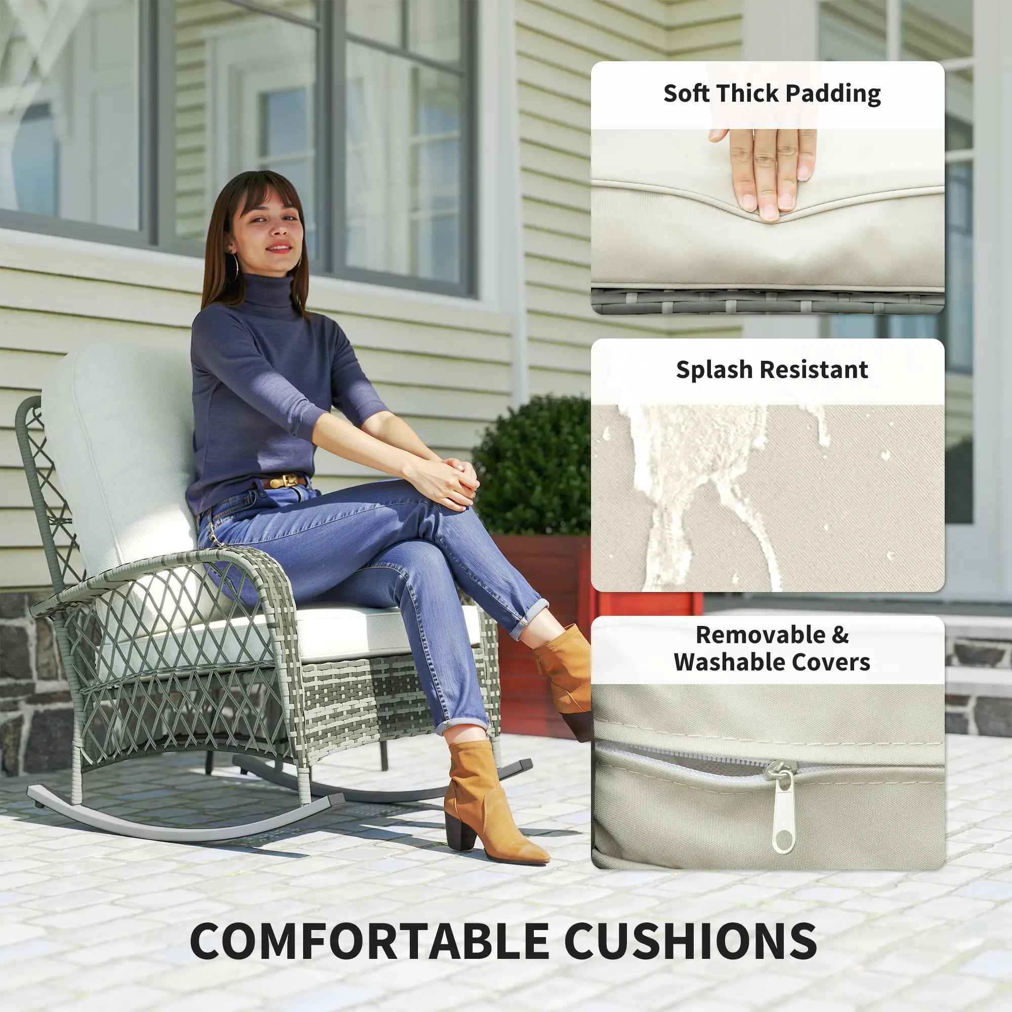 Rattan Rocking Chair, Outdoor Wicker Patio Rocker with Cushions, Khaki Outdoor Rocking Chairs at Gallery Canada