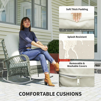 Rattan Rocking Chair, Outdoor Wicker Patio Rocker with Cushions, Khaki Outdoor Rocking Chairs at Gallery Canada