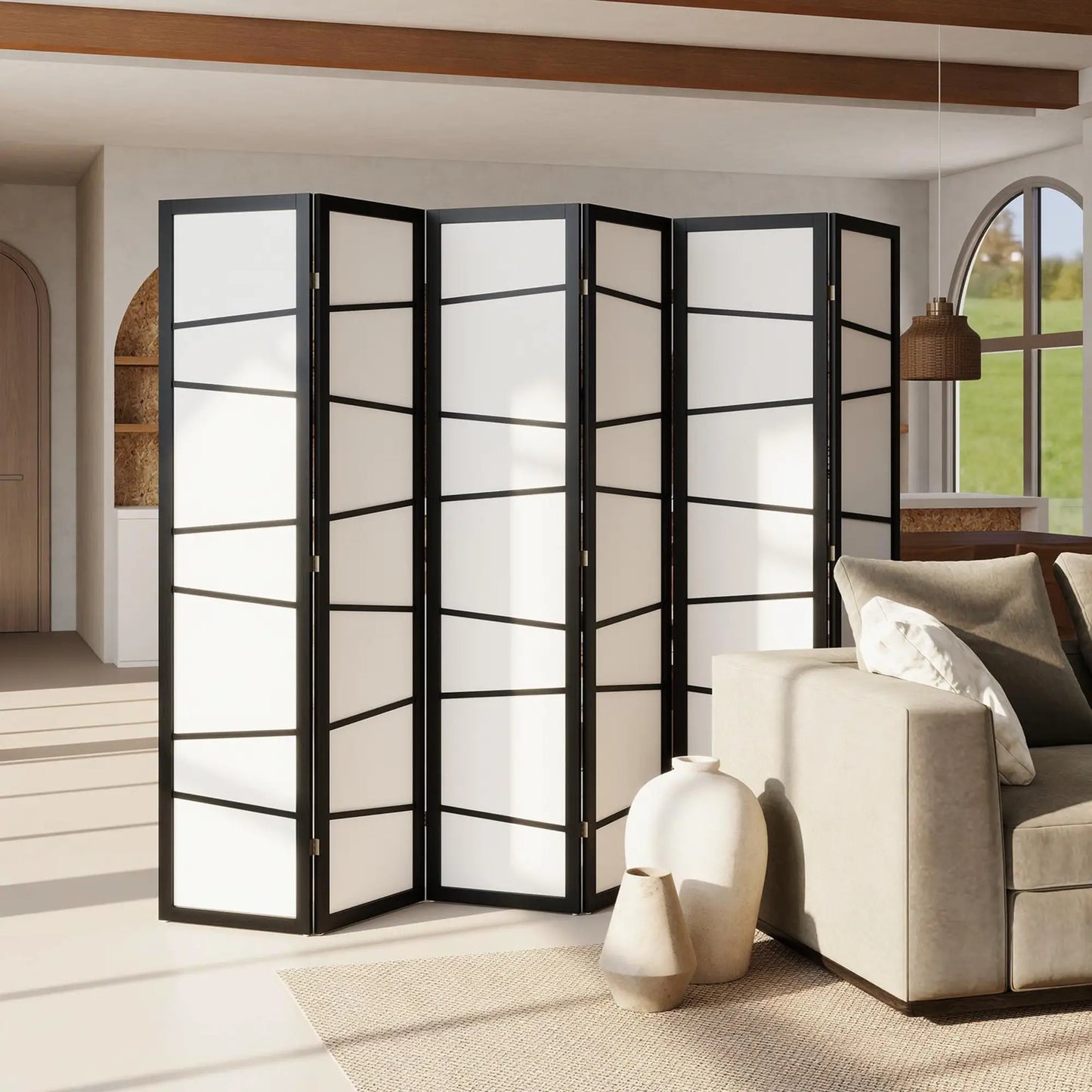 66.9" Folding Room Divider, 6 Panel Wood Frame Partition, White Room Dividers at Gallery Canada