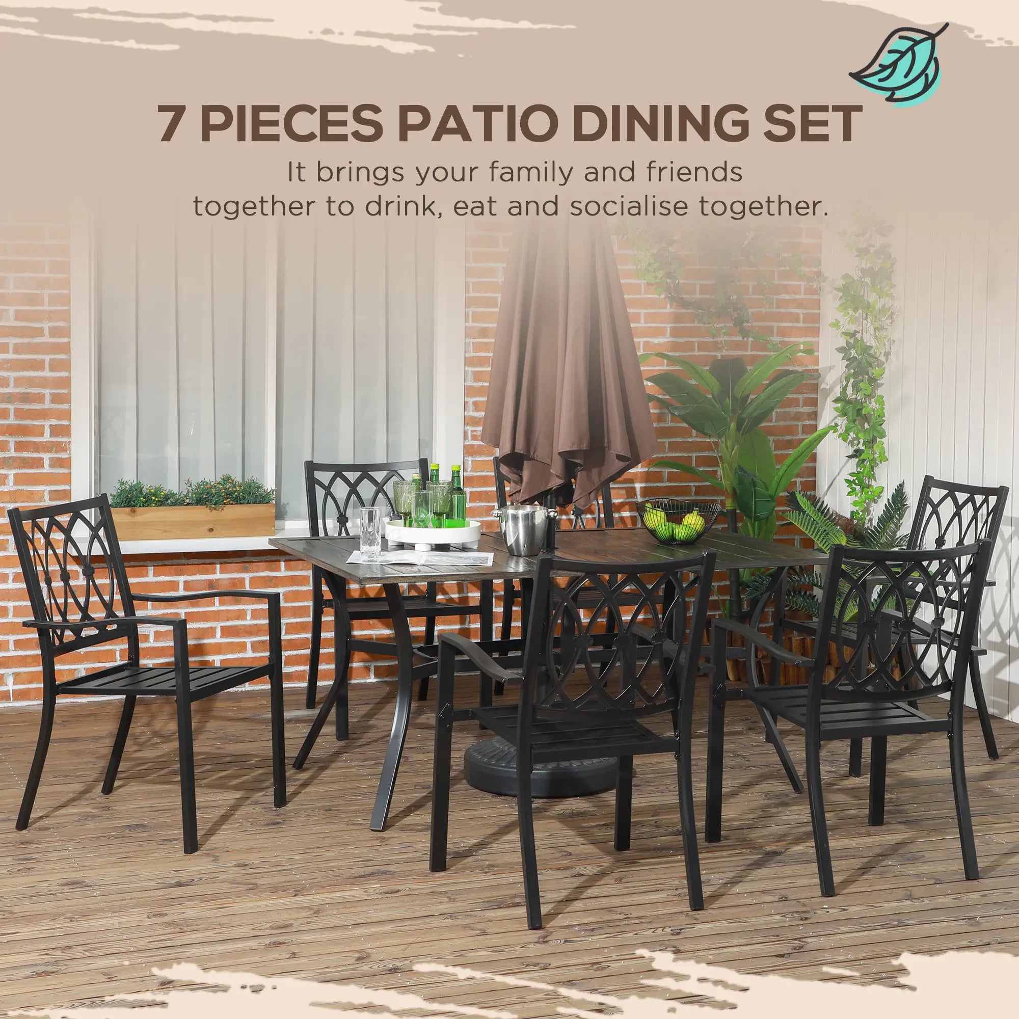 7-Piece Outdoor Dining Set, 6 Stackable Chairs, Wood Grain Top, Brown Outdoor Dining Sets at Gallery Canada