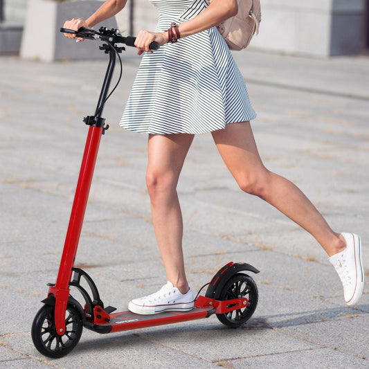Kick Scooter Folding Adjustable Ride On Toy w/ Dual Braking System, Rear Shock Absorption and 8" Big Wheels For 14+ Teens Adult, Red - Gallery Canada