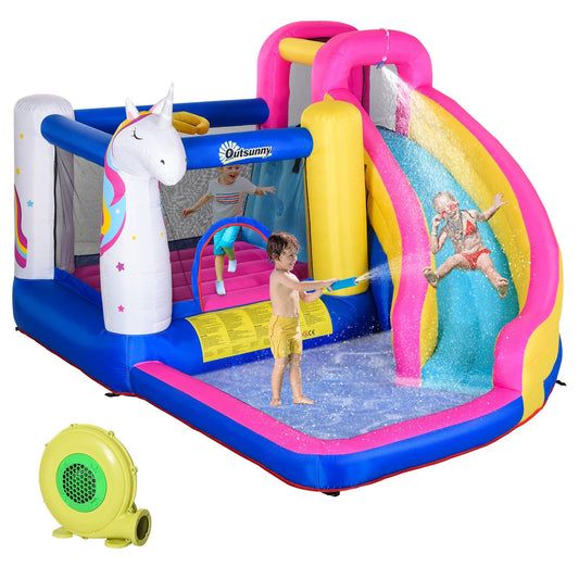 Kids 5 in 1 Inflatable Bounce Castle House, Trampoline Water Slide Pool Climbing Wall with Inflator for Kids Age 3-12 Summer 12.4' x 10.5' x 6.9' - Multi-color - Gallery Canada