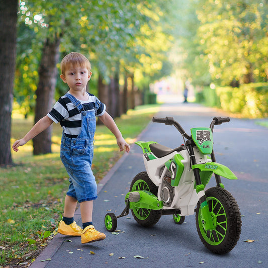 Kids Dirt Bike Battery-Powered Ride-On Electric Motorcycle with Charging 12V Battery, Training Wheels Green - Gallery Canada