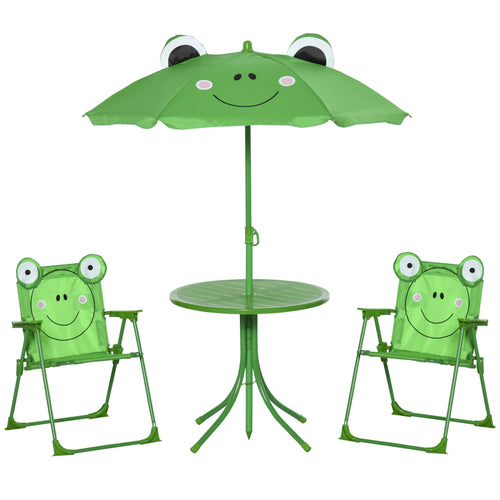 Kids Folding Picnic Table and Chair Set Pattern Outdoor Garden Patio Backyard with Removable &; Height Adjustable Sun Umbrella Green