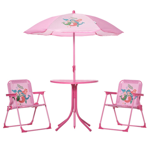 Kids Folding Picnic Table and Chair Set Pattern Outdoor Garden Patio Backyard with Removable &; Height Adjustable Sun Umbrella Pink