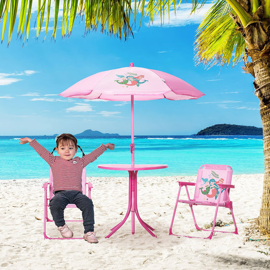 Kids Folding Picnic Table and Chair Set Pattern Outdoor Garden Patio Backyard with Removable &; Height Adjustable Sun Umbrella Pink - Gallery Canada