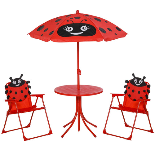 Kids Folding Picnic Table and Chair Set Pattern Outdoor Garden Patio Backyard with Removable &; Height Adjustable Sun Umbrella Red