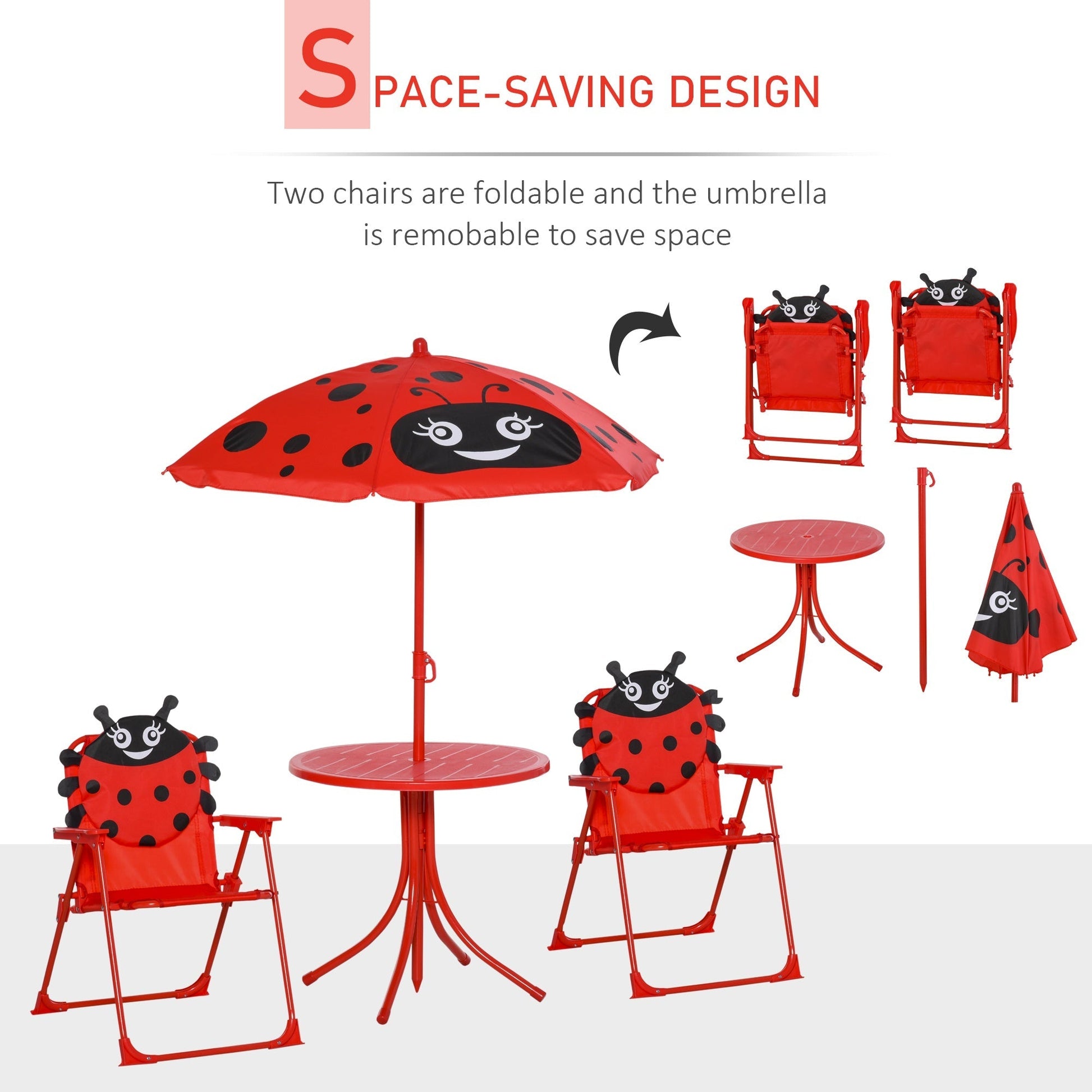 Kids Folding Picnic Table and Chair Set Pattern Outdoor Garden Patio Backyard with Removable &; Height Adjustable Sun Umbrella Red at Gallery Canada
