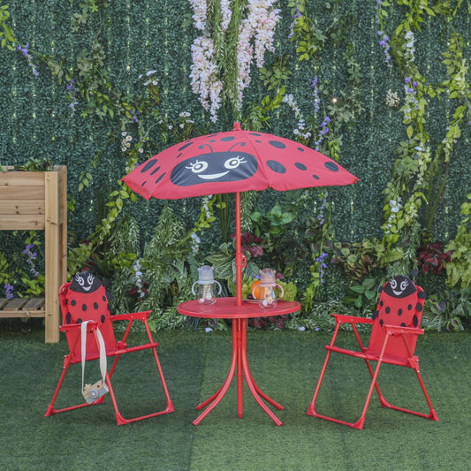 Kids Folding Picnic Table and Chair Set Pattern Outdoor Garden Patio Backyard with Removable &; Height Adjustable Sun Umbrella Red - Gallery Canada