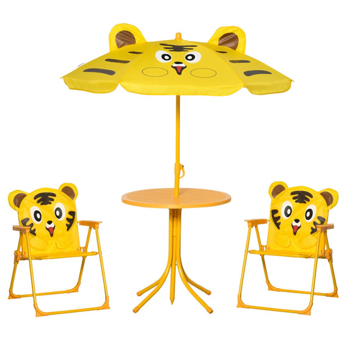 Kids Folding Picnic Table and Chair Set Pattern Outdoor Garden Patio Backyard with Removable &; Height Adjustable Sun Umbrella Yellow