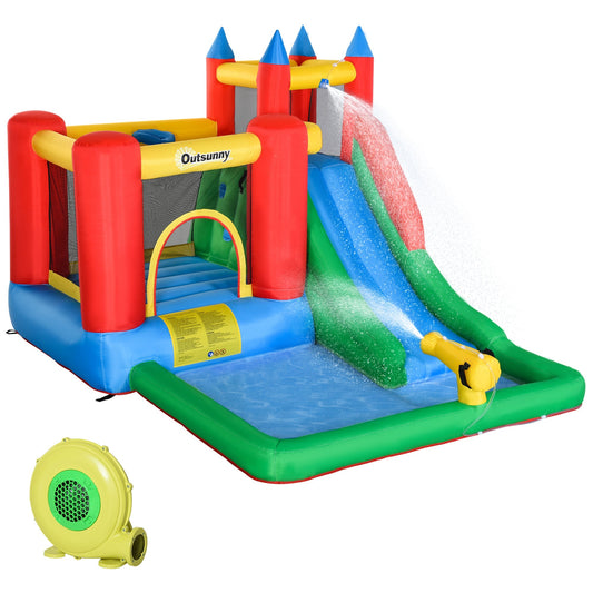 Kids Inflatable 6 in 1 Bouncy Castle House Trampoline Slide Water Pool Gun Climbing Wall Basket with Inflator for Kids Age 3-12 Summer 11.5' x 8.8' x 7' Multi-color - Gallery Canada