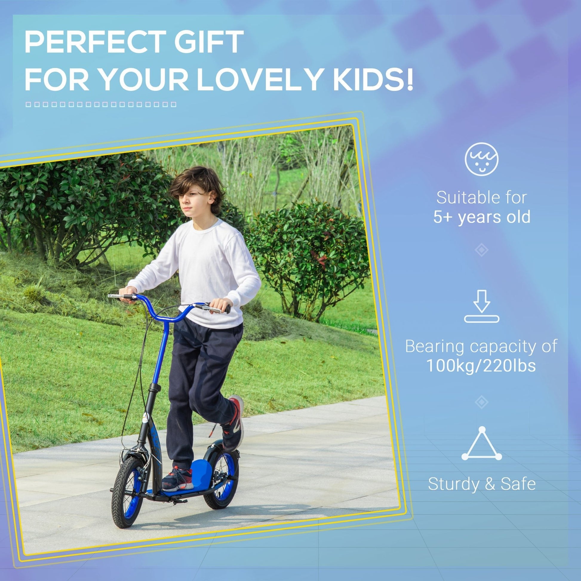 Kids Kick Scooter Adjustable Height, Front Rear Dual Brakes, 12-Inch Inflatable Rubber Wheels, for 5+ Years, Blue - Gallery Canada