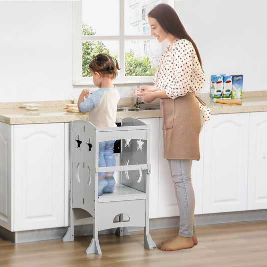 Kids Kitchen Helper Foldable Step Stool Toddler Kitchen Stool with Blackboard Lockable Handrail for 3-6 Years old Grey - Gallery Canada