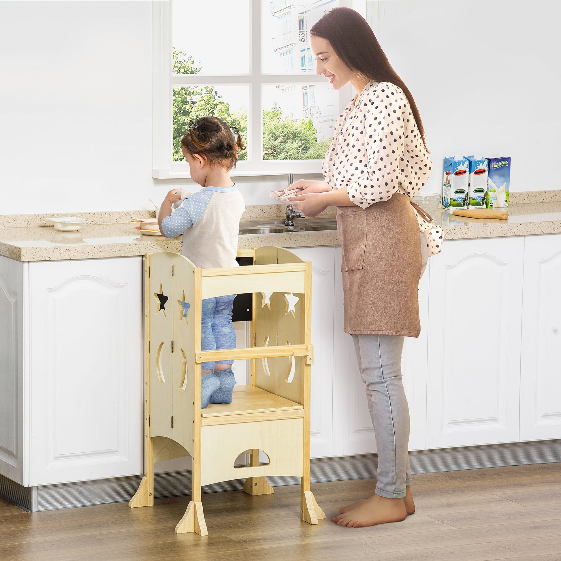 Kids Kitchen Helper Foldable Step Stool Toddler Kitchen Stool with Blackboard Lockable Handrail for 3-6 Years old Natural at Gallery Canada
