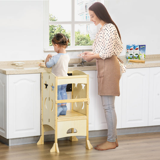 Kids Kitchen Helper Foldable Step Stool Toddler Kitchen Stool with Blackboard Lockable Handrail for 3-6 Years old Natural - Gallery Canada