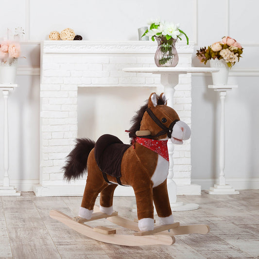 Kids Plush Ride On Rocking Horse Child Animal Adventure Rocker Chair Playtime Toy with Sound Scarf Included Red Brown - Gallery Canada