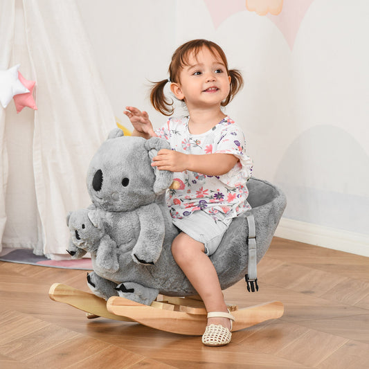 Kids Plush Ride-On Rocking Horse Koala-shaped Plush Toy Rocker with Gloved Doll Realistic Sounds for Child 18-36 Months Grey - Gallery Canada