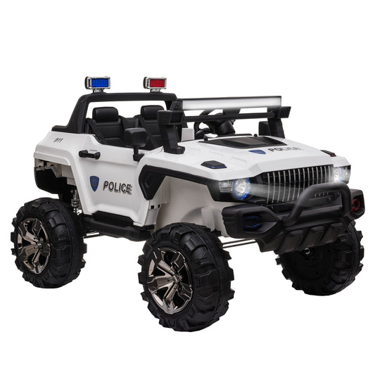 Kids Ride-On Car 12V RC 2-Seater Police Truck Electric Car For Kids with Full LED Lights, MP3, Parental Remote Control (White) - Gallery Canada