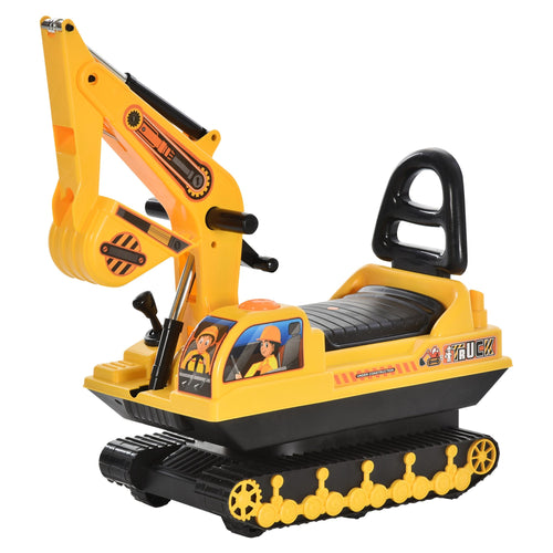 Kids Ride-on Excavator with Digger, Pretend Play Construction Truck with Under Seat Storage, Realistic Sound, Treaded Wheels, No Power Design