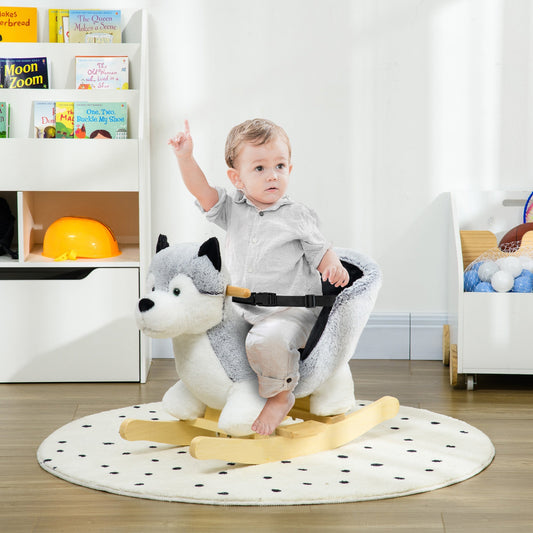 Kids Rocking Horse, Baby Rocker Chair Husky-Shaped Plush Ride on Toy with Realistic Sounds, Wooden Base, Seat Belt, for Children 18-36 Months, Grey - Gallery Canada