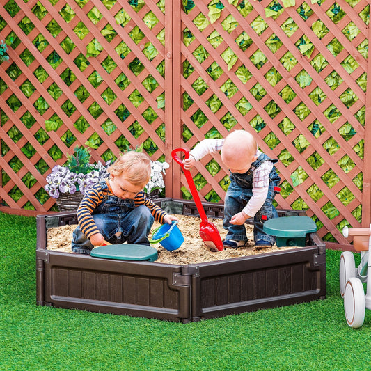 Kids Sandbox with Cover Children Sandpit DIY Design Play Station Outdoor Backyard Includes 3 Seats, Bottom Liner, for 3-12 Years Old, Brown - Gallery Canada