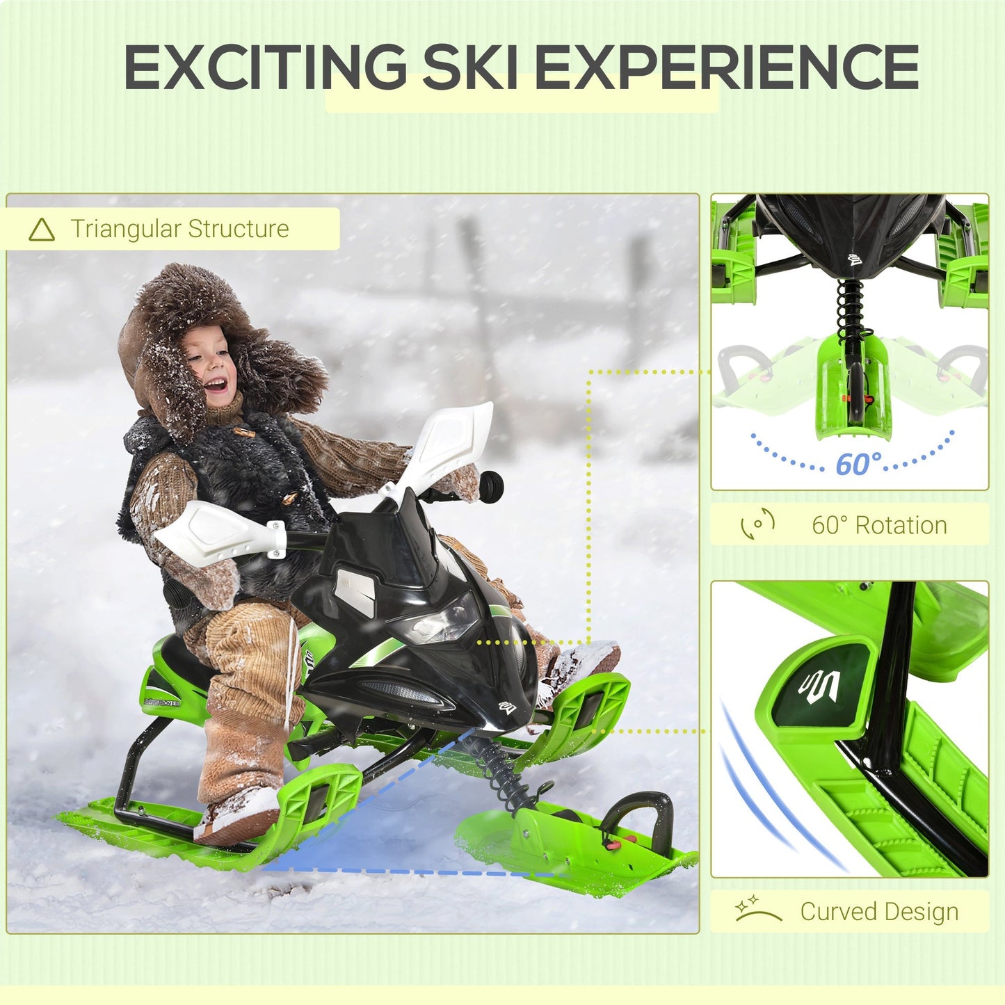 Kids Snow Racer Sled, Ski Sled Slider Board, Snowmobile, with Foot Break, Auto Pull Rope, for Downhill and Uphill, Age 5 &; up, Gift for Boys &; Girls, Green - Gallery Canada