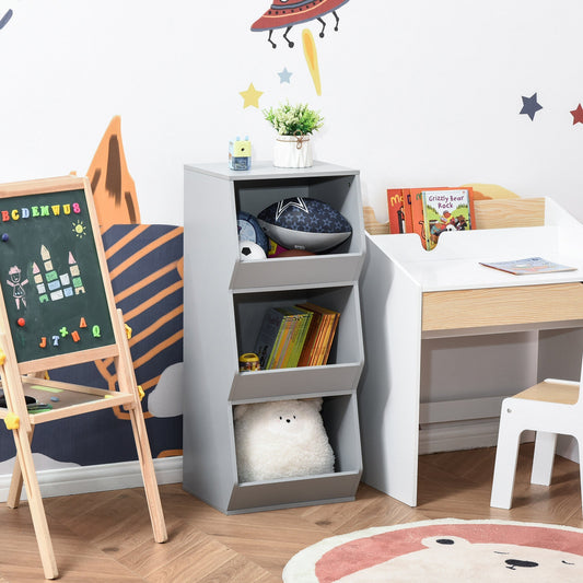 Kids Storage Cabinet 3 Shelves Anti-toppling Toy Storage Organizer Children Bookcase Book Rack for Children's Play Room/Bedroom, Grey - Gallery Canada