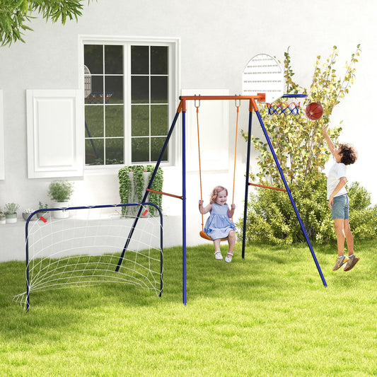 Kids Swing Outdoor with Swing Seat, Basketball Hoop and Football Goal, Ground Stakes for 3-8 Years Old - Gallery Canada