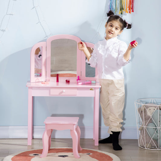 Kids Vanity Table &; Chair Set, Girls Dressing Set, Make Up Desk with Tri-folding Mirrors, Drawer, Pink - Gallery Canada