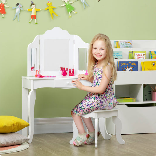 Kids Vanity Table &; Chair Set, Wooden Princess Makeup Dressing Table, Pretend Play Vanity Set for Little Girls with Tri-folding Mirrors, Drawer, White - Gallery Canada
