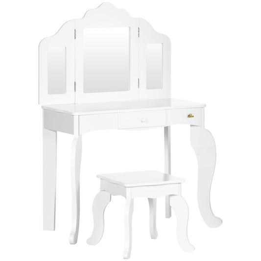 Kids Vanity Table &; Chair Set, Wooden Princess Makeup Dressing Table, Pretend Play Vanity Set for Little Girls with Tri-folding Mirrors, Drawer, White at Gallery Canada