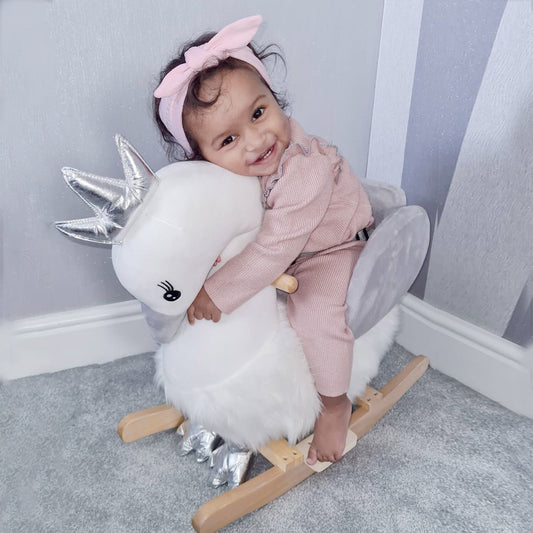 Kids Wooden Rocking Horse Swan Baby Rocking Chair Plush Ride On Swan with Sounds, Wooden Base for Babies 18-36 Months, White and Grey - Gallery Canada