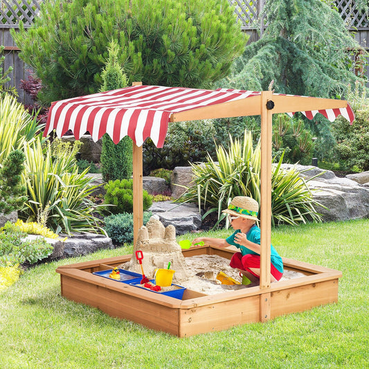 Kids Wooden Sandbox, Children Sand Play Station Outdoor with Adjustable Height Cover, Bottom Liner, Seat, Plastic Basins, for 3-7 Years Old Boys and Girls - Gallery Canada