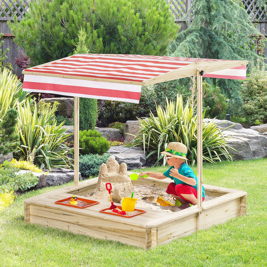 Kids Wooden Sandbox Outdoor Children Sand Playset w/ Adjustable Canopy Shade, Bottom Liner, Seat, Plastic Basin, for 3-8 Years Old Boys and Girls - Gallery Canada