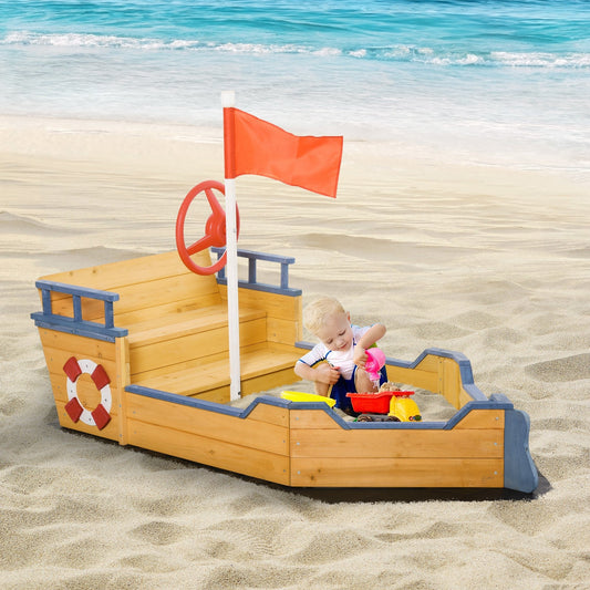 Kids Wooden Sandbox Pirate Ship Sandboat Outdoor Backyard Playset Children Play Station w/ Bench Seat Storage Space &; Flag for 3-6 Years Old - Gallery Canada