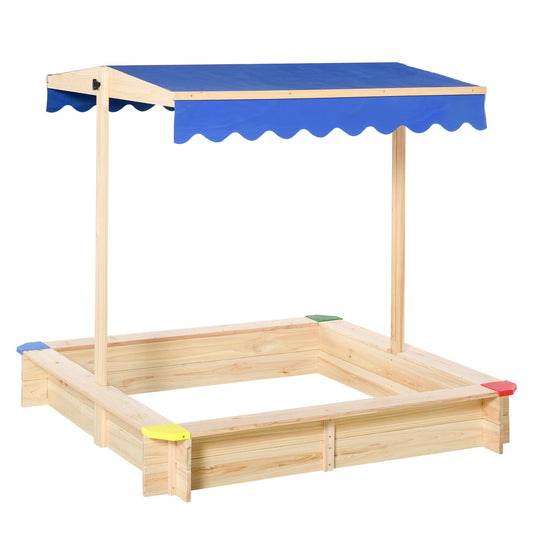 Kids Wooden Sandbox, Play Station for Children Outdoor, with Adjustable Canopy Shade, Seats, for Backyard, Beach, 47" x 47" x 47", Natural at Gallery Canada