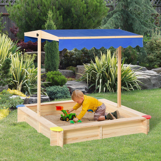 Kids Wooden Sandbox, Play Station for Children Outdoor, with Adjustable Canopy Shade, Seats, for Backyard, Beach, 47" x 47" x 47", Natural - Gallery Canada