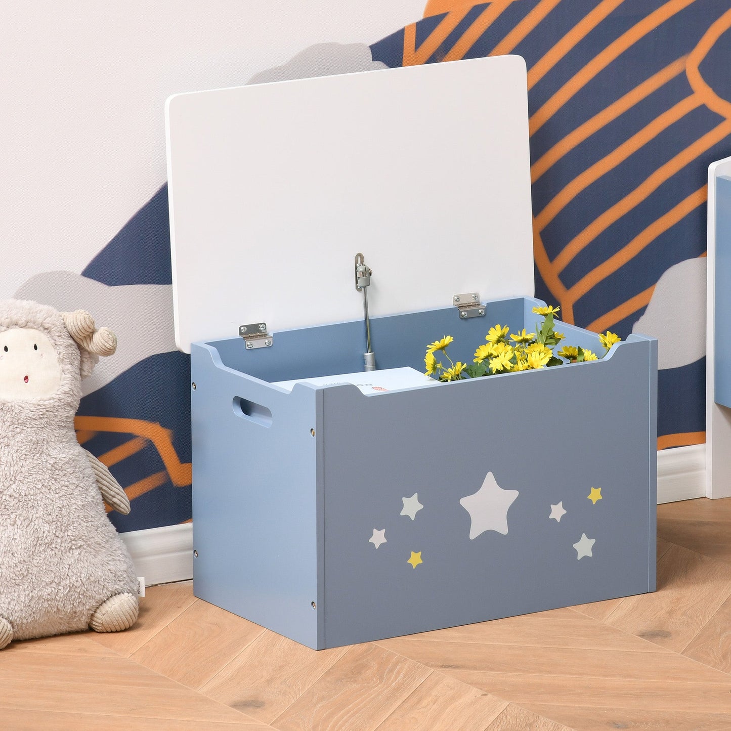 Kids Wooden Toy Storage Box Organizer Chest with Gas Stay Bar Seating Bench 21.75" x 13.5" x 14" Blue - Gallery Canada