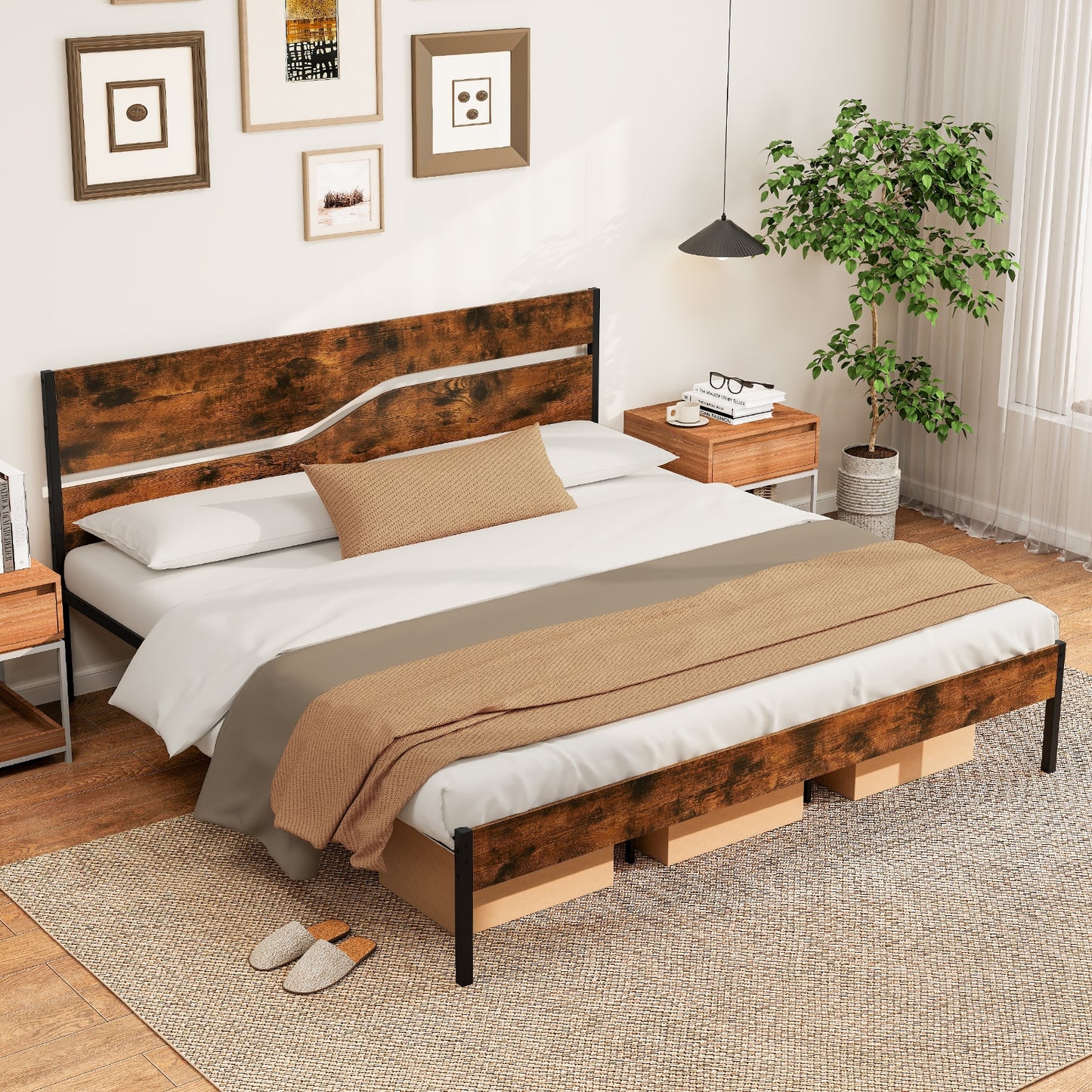 Twin/Full/Queen/King Metal Bed Frame with Wooden Headboard and Footboard-King Size, Rustic Brown Simple Bed Frame at Gallery Canada