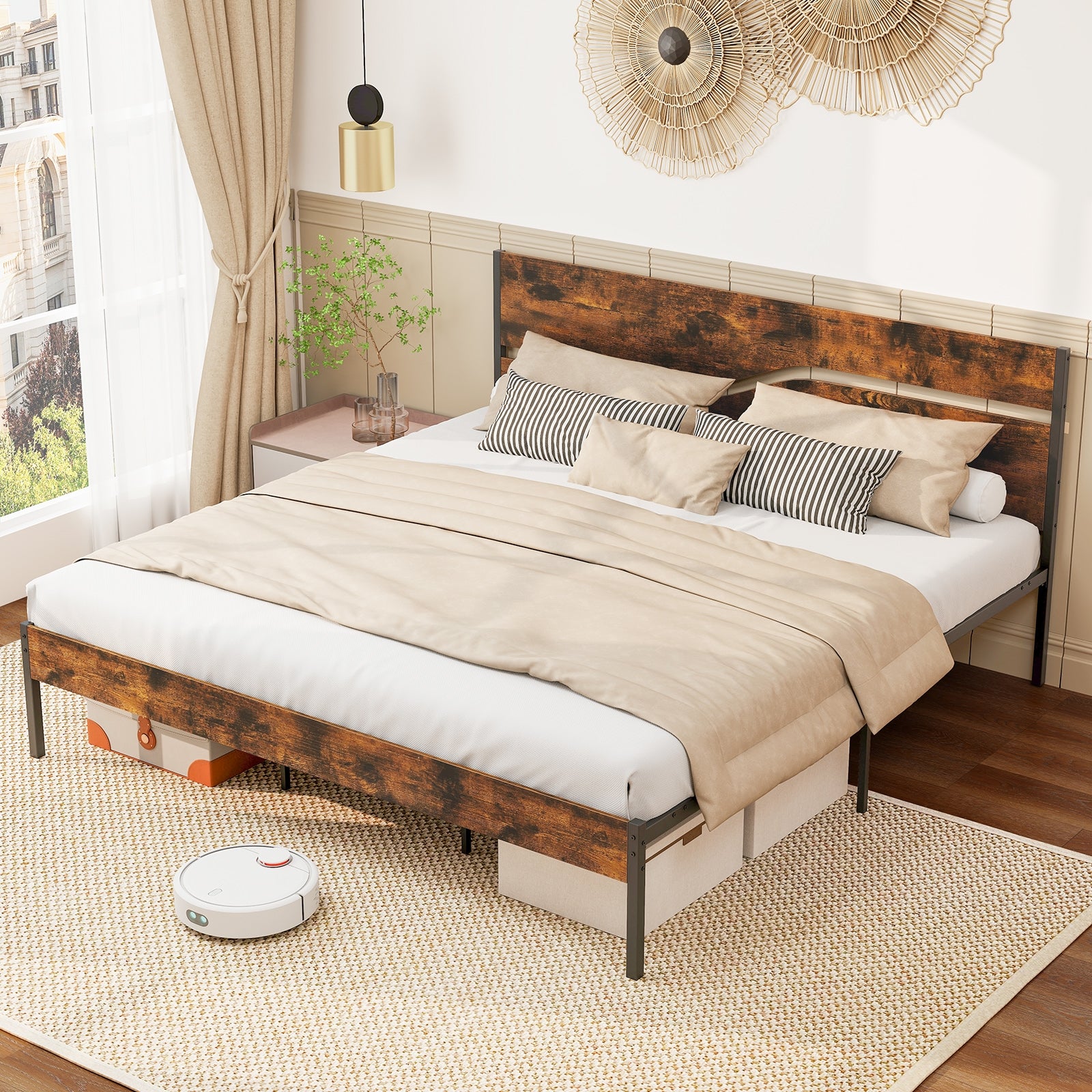 Twin/Full/Queen/King Metal Bed Frame with Wooden Headboard and Footboard-King Size, Rustic Brown Simple Bed Frame at Gallery Canada