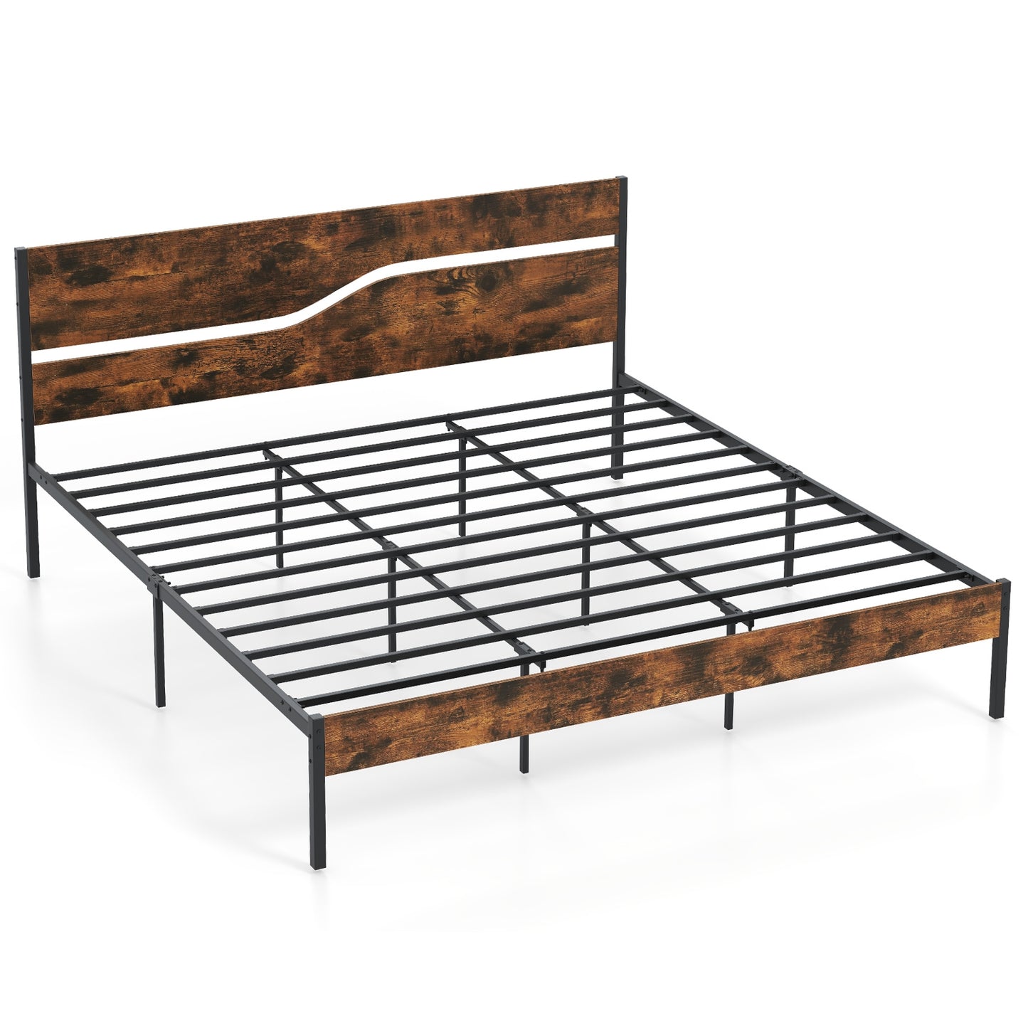 Twin/Full/Queen/King Metal Bed Frame with Wooden Headboard and Footboard-King Size, Rustic Brown Simple Bed Frame Rustic Brown - King at Gallery Canada